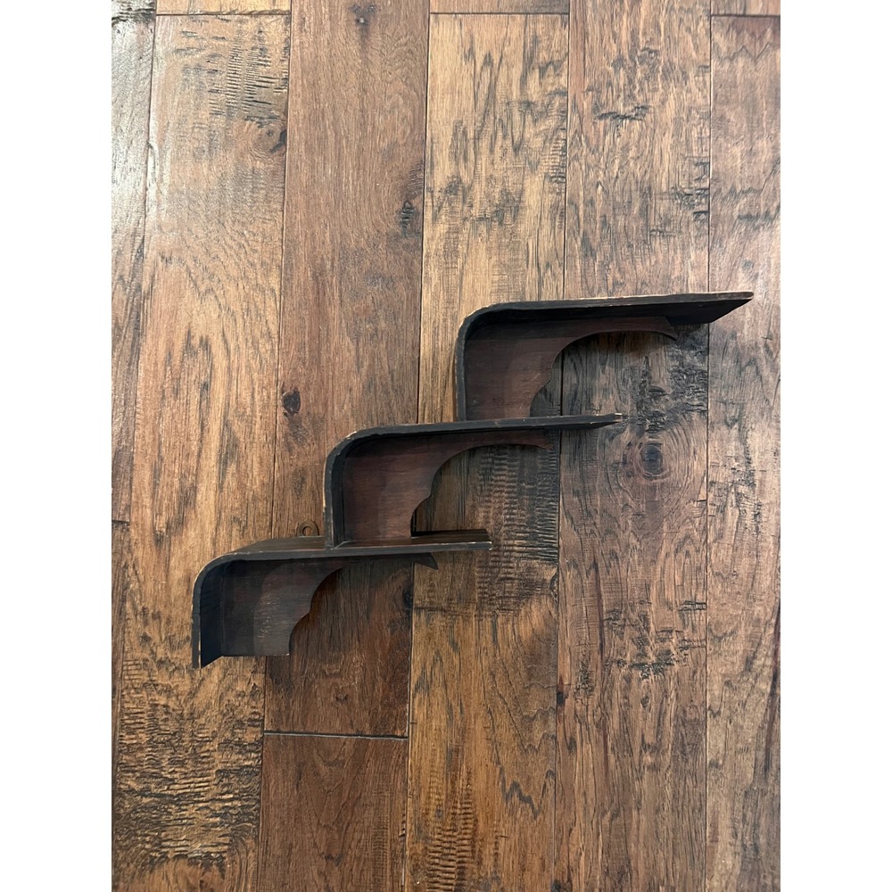 Vintage Dark Wood 3 Tier Staggered Wall Shelf Rustic Primitive Display Rack